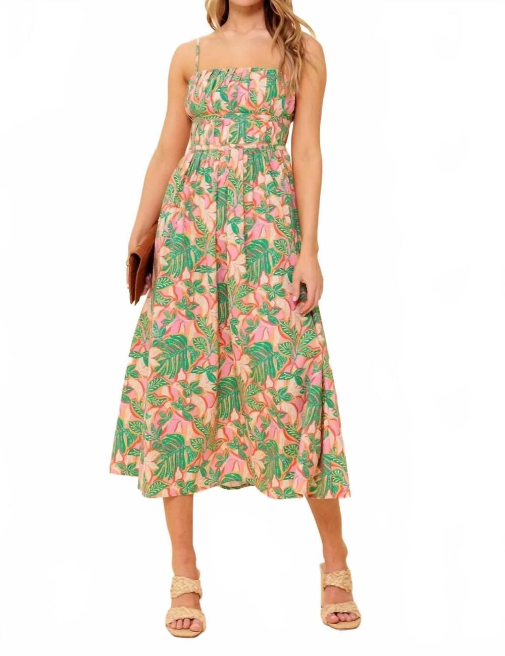 NEW FLYING TOMATO storytelling woven midi dress in pink green
